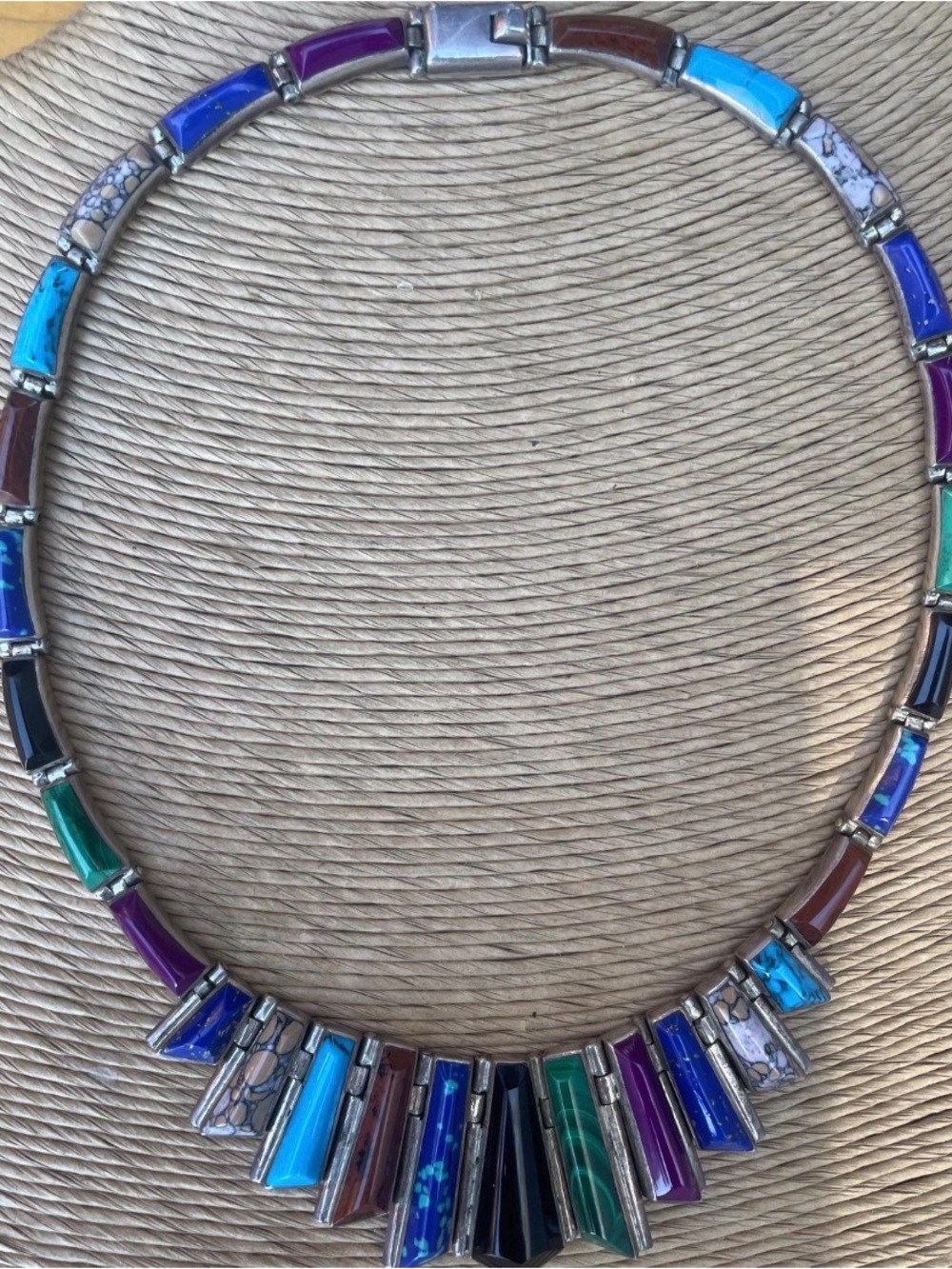 Vintage Mexico Taxco 950 Fine Silver Inlaid Stone Statement Necklace Set - Picture 3 of 11